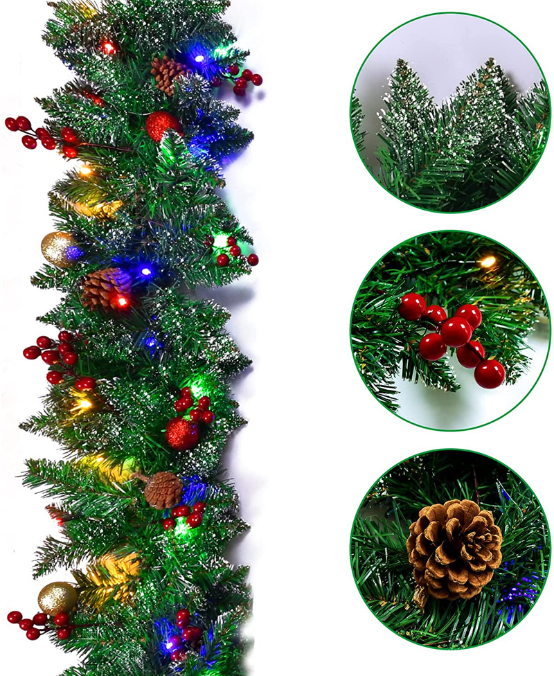 Lapogy Christmas Decorations Garland with 50 Lights,9ft Artificial Christmas Battery Operated Wreath with Colorful Ball and Red Berries,Pine Cones,Garland for Fireplace,Indoor,Oudoor Green Decor