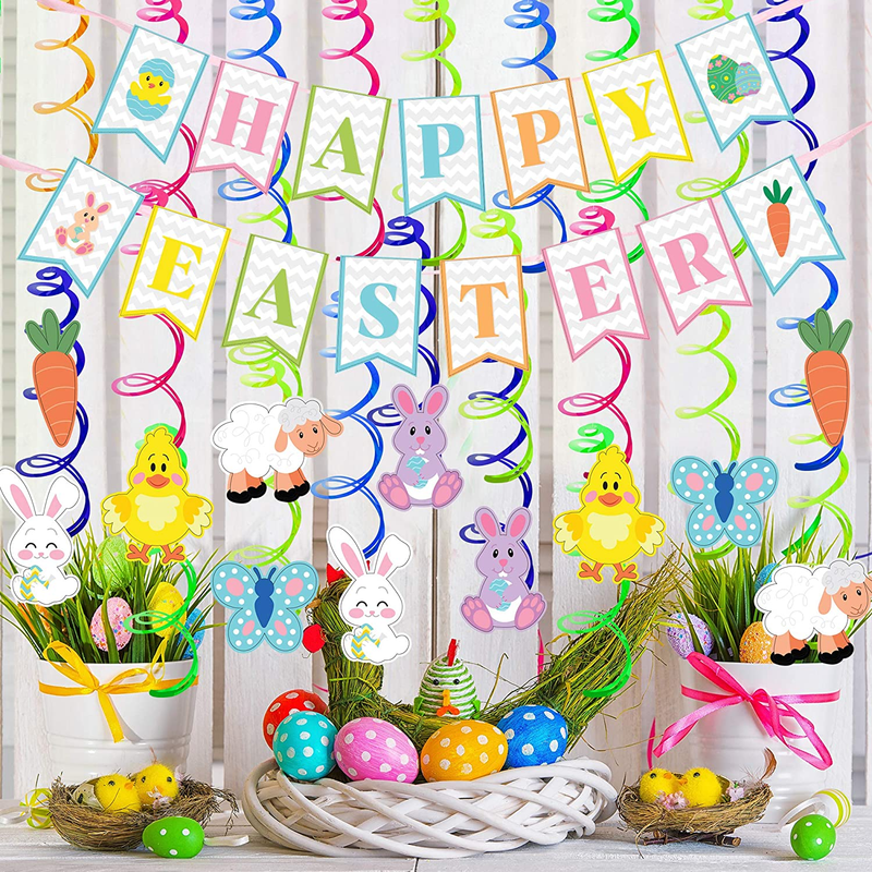 JOYIN 31 PCS Easter Decorations Egg Bunny Foil Swirl Party Hanging Decoration Mega Value Kit for Easter and Themed Party Decoration Home & Garden > Decor > Seasonal & Holiday Decorations JOYIN   