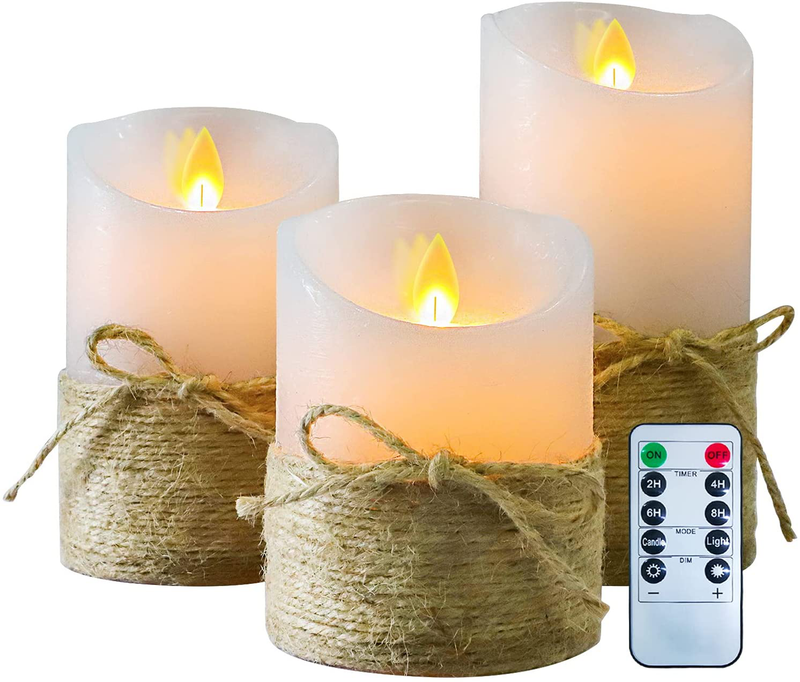 CRYSTAL CLUB LED Pillar Candles with Remote, Set of 3 Real Wax Flickering Flameless Candles with Timer, Battery Operated White Candle with Hemp Rope for Beach & Ocean, Home Bedroom Decor Home & Garden > Decor > Home Fragrances > Candles Crystal Club Ocean  