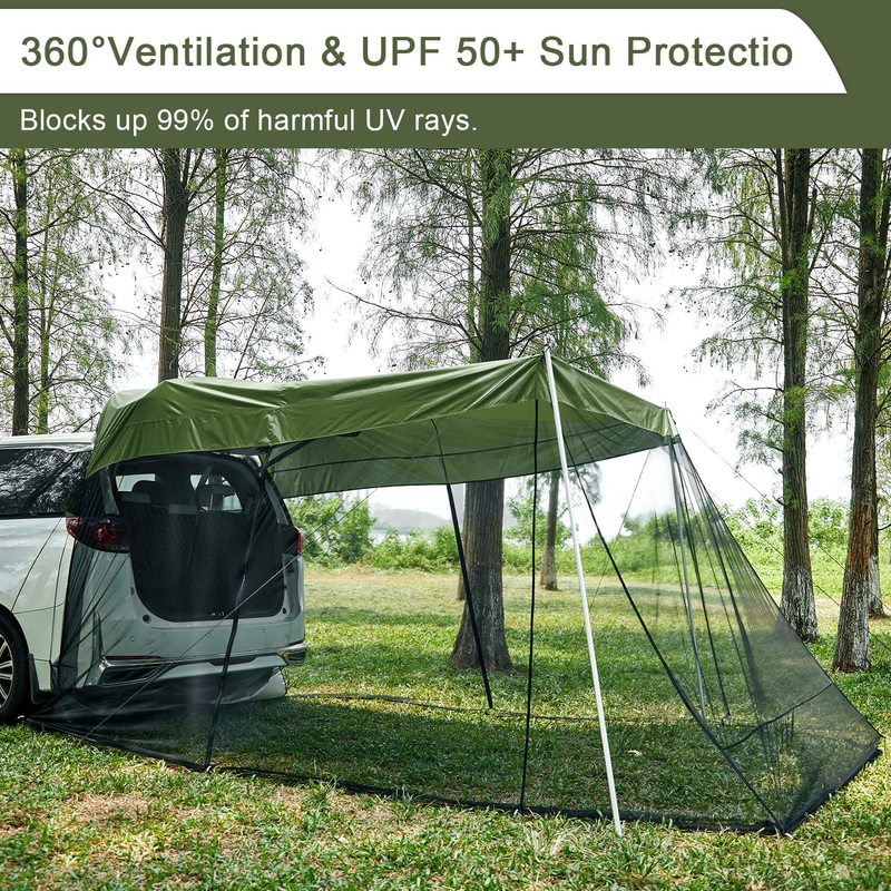 G4Free Car Awning Sun Shelter with Mosquito Net, Portable SUV Tent Tailgate Shade Car Canopy for Outdoor Camping Car Travel (Army Green)