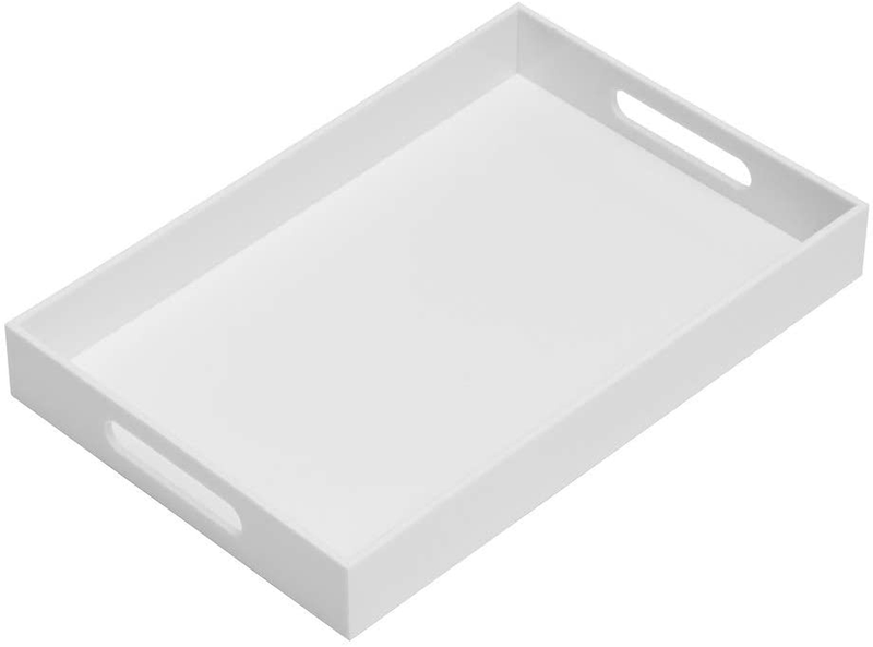KEVLANG Glossy White Sturdy Acrylic Serving Tray with Handles-10x15Inch-Serving Coffee Appetizer Breakfast Butler-Kitchen Countertop-Makeup Drawer Organizer-Vanity Table Tray-Ottoman Tray Home & Garden > Decor > Decorative Trays KEVLANG Glossy White 10"x15"x2"H 