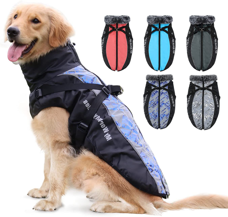 Dog Winter Coat with Harness - Warm Waterproof Dog Snow Jacket, Reflective Dog Vest Pet Clothes for Small Medium Large Dogs Animals & Pet Supplies > Pet Supplies > Dog Supplies > Dog Apparel ALAGIRLS Silver Blue 5XL(Chest:30 in, Back:24.5 in) 