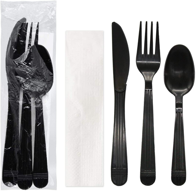 Party Essentials Individually Wrapped Black Plastic Cutlery Packets/ Heavy Duty Silverware Kits, Fork/ Spoon/ Knife/ Napkin/ Salt/ Pepper, 50 Sets Home & Garden > Kitchen & Dining > Tableware > Flatware > Flatware Sets Party Essentials Black Fork/ Spoon/ Knife/ Napkin, 50 Sets 