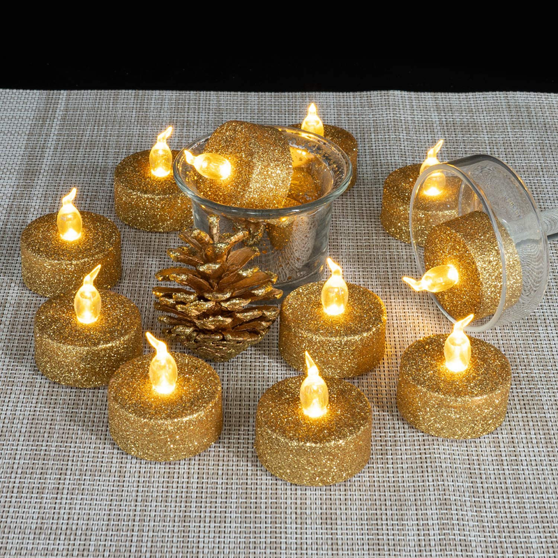 Glitter Gold Tea Lights, Battery Operated Flameless LED Tea Light, Gold Glitter Flickering Electric Fake Candles for Wedding, Party, Festival Christmas Decor, Pack of 12