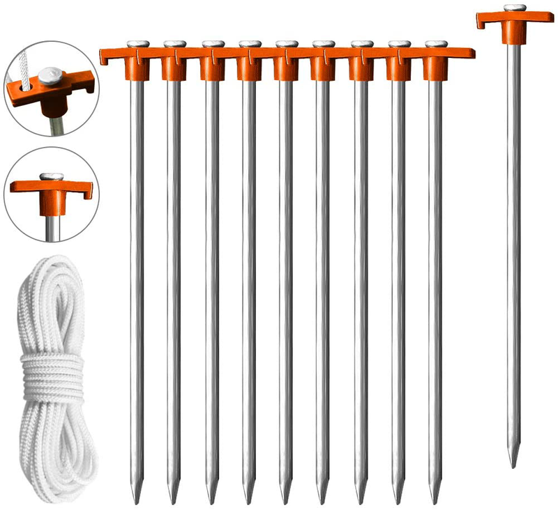Eurmax USA Galvanized Non-Rust Outdoor Camping Family Tent Pop up Canopy Stakes 10Pc-Pack, with 4X10Ft Ropes & 1 Orange Stopper Sporting Goods > Outdoor Recreation > Camping & Hiking > Tent Accessories Eurmax Orange  