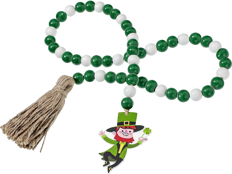 St Patrick'S Day Wood Beads Tassels Beaded Garland Leprechaun Pattern Pendant Green Wooden Bead Garland Farmhouse Style Irish Decor for St Patrick'S Day Tiered Tray Decorations Hanging Ornaments Arts & Entertainment > Party & Celebration > Party Supplies Syhood   
