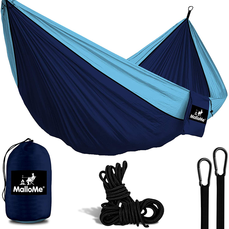 MalloMe Camping Hammock with Ropes - Double & Single Tree Hamock Outdoor Indoor 2 Person Tree Beach Accessories _ Backpacking Travel Equipment Kids Max 1000 lbs Capacity - Two Carabiners Free Home & Garden > Lawn & Garden > Outdoor Living > Hammocks MalloMe Navy Blue & Sky Blue 1 Person 