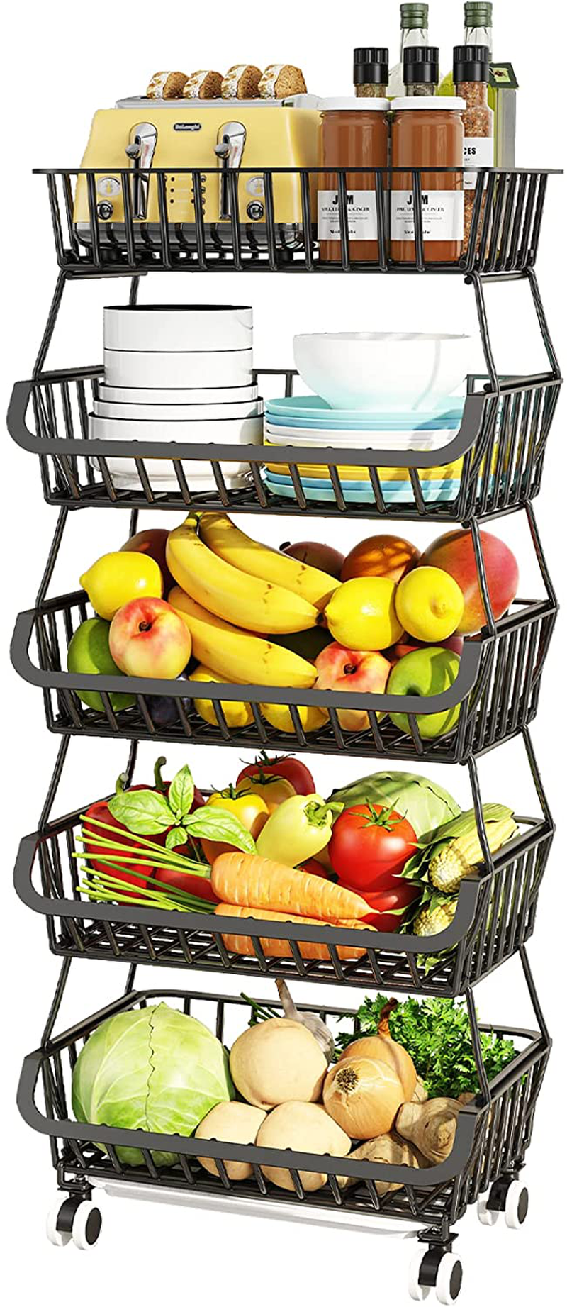 Fruit Basket for Kitchen Storage - 5 Tier Vegetable Organizer Stackable Metal Wire Baskets with Rolling Wheels Utility Bins Rack Cart for Produce Pantry Laundry Garage, Black