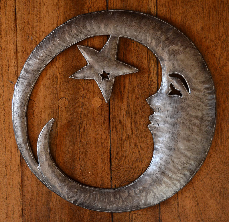 Crescent Moon with Star Wall Hanging Decorative Sculpture, Outdoor Home Decor, Handmade from Recycled Steel Barrels 15 x 15 Inches Home & Garden > Decor > Artwork > Sculptures & Statues It's Cactus   