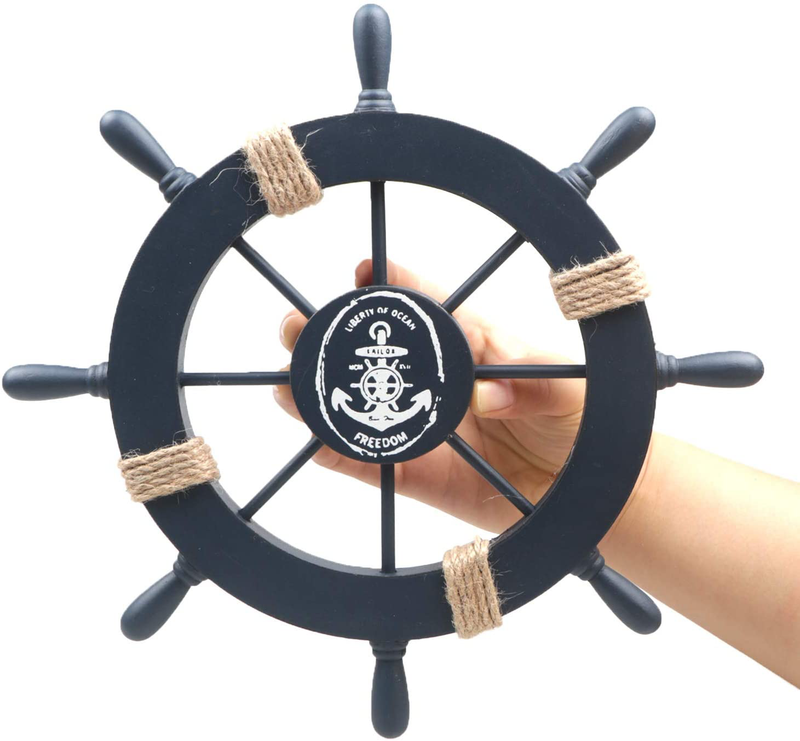 Meching 2 Pack 11" Nautical Beach Wooden Ship Wheel and 13" Wood Anchor with Rope Nautical Boat Steering Rudder Wall Decor Door Hanging Ornament Beach Theme Home Decoration(Dark Blue) Home & Garden > Decor > Artwork > Sculptures & Statues Meching   