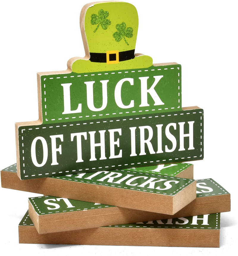 Gift Boutique 4 St Patrick'S Day Wooden Decorations for Table Decor Shamrock Wood Home Figurines Luck Happy St. Patrick Centerpiece for Office Mantle Topper Irish Tabletop Figurine