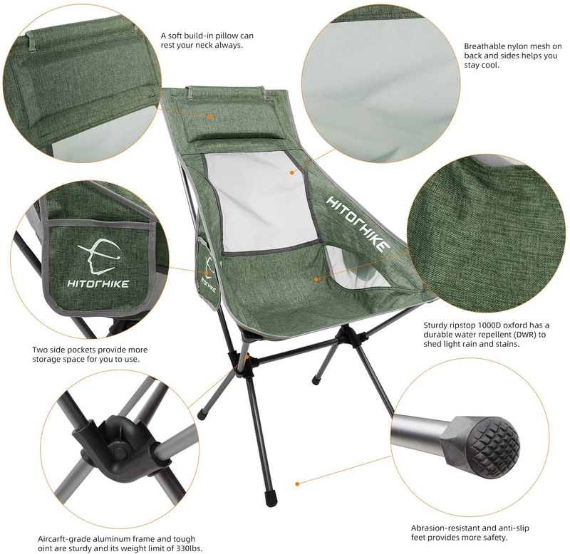 Hitorhike Camping Chair with Nylon Mesh and Comfortable Headrest Ultralight High Back Folding Camp Chair Portable Compact for Camping, Hiking, Backpacking, Picnic, Festival, Family Road Trip