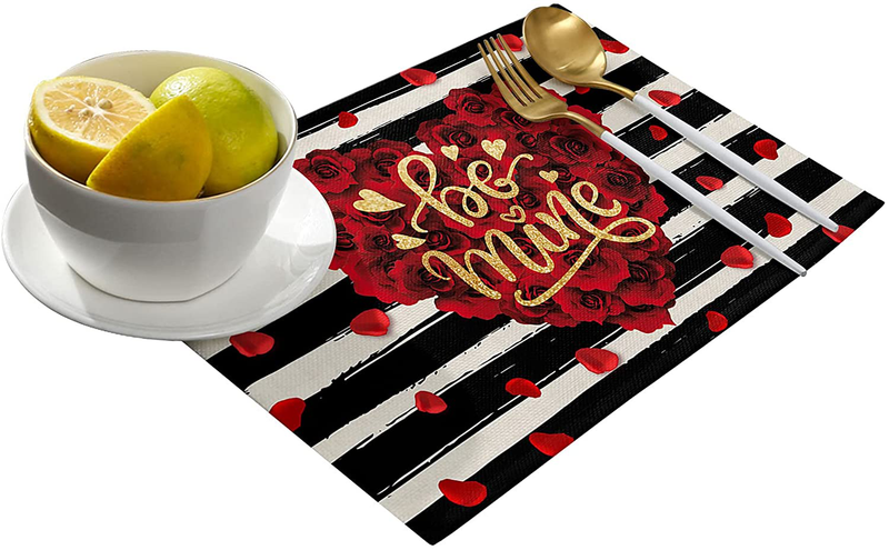 Happy Valentine'S Day Placemats Set of 6,Cotton Linen Heat Resistant Table Mats Non-Slip Washable Heart Shape Rose Be Mine Black White Stripe Placemat for Holiday Banquet Dining Table Kitchen Decor Home & Garden > Decor > Seasonal & Holiday Decorations Zadaling   