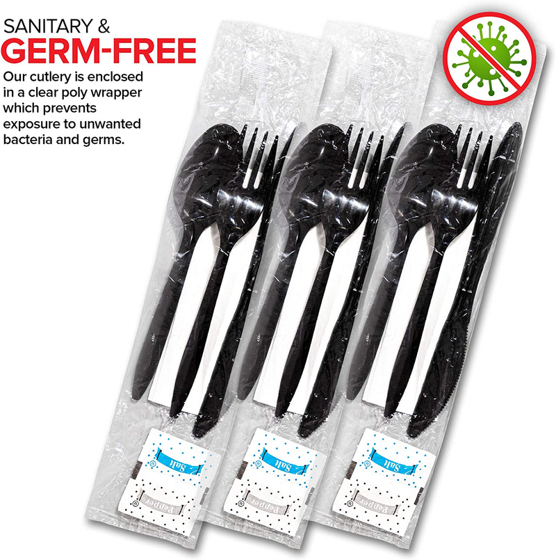 Stock Your Home Plastic Cutlery Packets with Salt & Pepper in Black (50 Count) - Wrapped Cutlery - Plastic Utensils Individually Wrapped for Take Out, Delivery, Cafeterias, Restaurants, Uber Eats Home & Garden > Kitchen & Dining > Tableware > Flatware > Flatware Sets Stock Your Home   