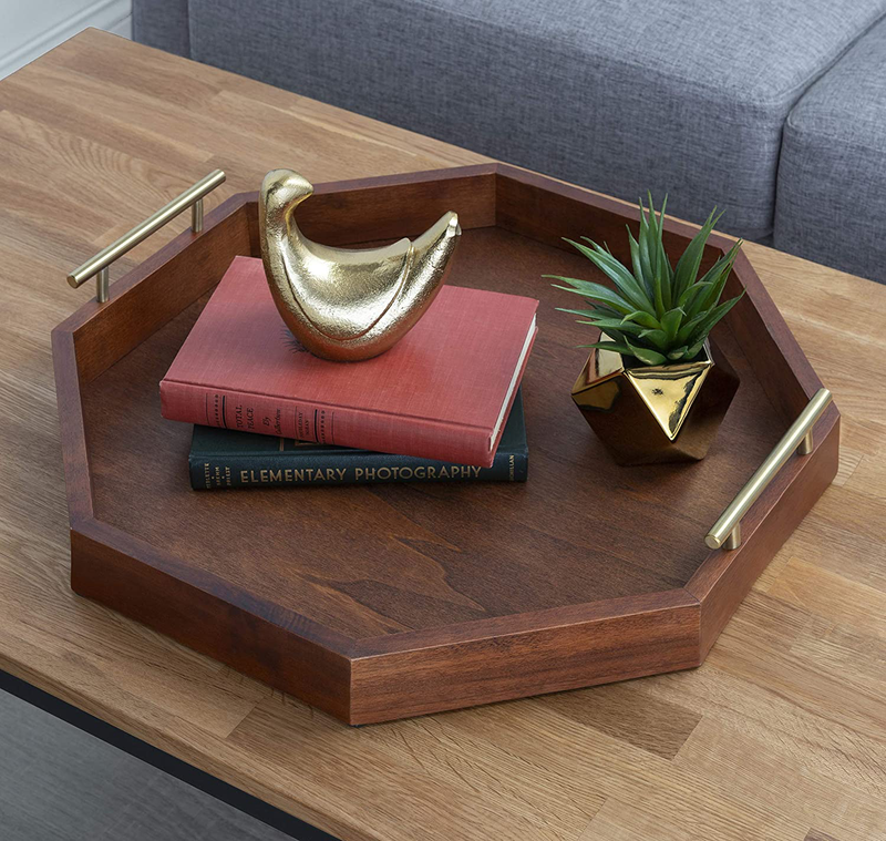 Kate and Laurel Lipton Mid-Century Octagon Wood Decorative Tray, 18" x 18", Walnut Brown and Gold, Decorative Chic Serving Tray Home & Garden > Decor > Decorative Trays Kate and Laurel   