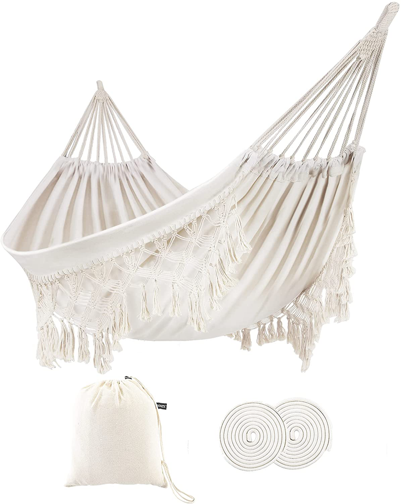 ROOITY Indoor Hammock with Macrame Fringe for 2 Persons,Double Boho Hammocks with Tassels,Portable Cotton Rope Hamaca Swing with Travel Bag for Outside,Porch,Garden,Patio,Backyard,Up to 500lbs White Home & Garden > Lawn & Garden > Outdoor Living > Hammocks ROOITY Pure White  