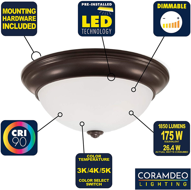 CORAMDEO 13 Inch LED Decorative Flush Mount Ceiling Fixture, Color Select Switch, Built in LED Gives 175W of Light from 26.4W of Power, 1850 Lumen, Dimmable, Bronze Finish with Frosted Glass Home & Garden > Lighting > Lighting Fixtures > Ceiling Light Fixtures KOL DEALS   