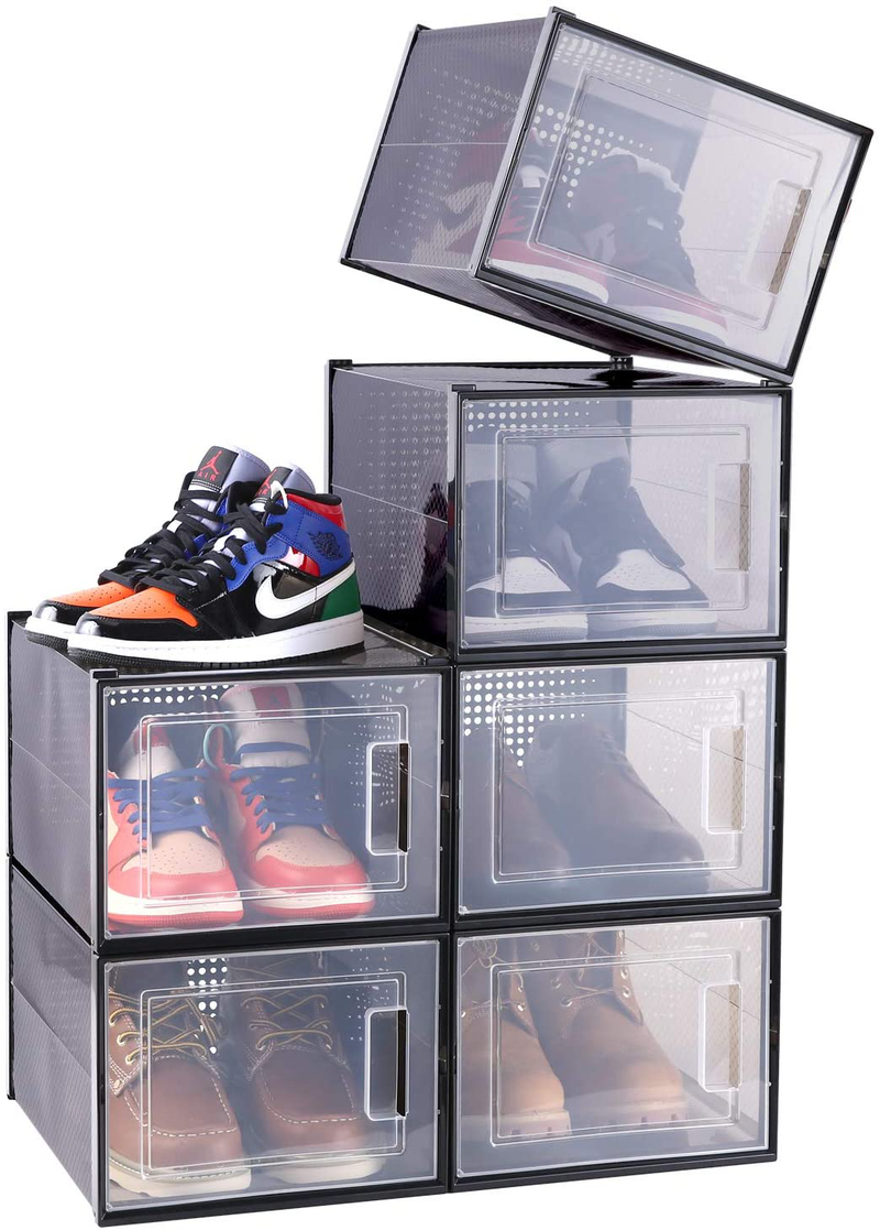 Shoe Organizer, Ohuhu Ultra Large Shoe Storage, Heavy Duty 6 Pack Shoe Boxes Clear Plastic Stackable, Shoe Containers Foldable Drawer Type Front Opening for Closet and Entryway Fit up to US Size 14 Furniture > Cabinets & Storage > Armoires & Wardrobes Ohuhu Clear Black XL-6 pack 