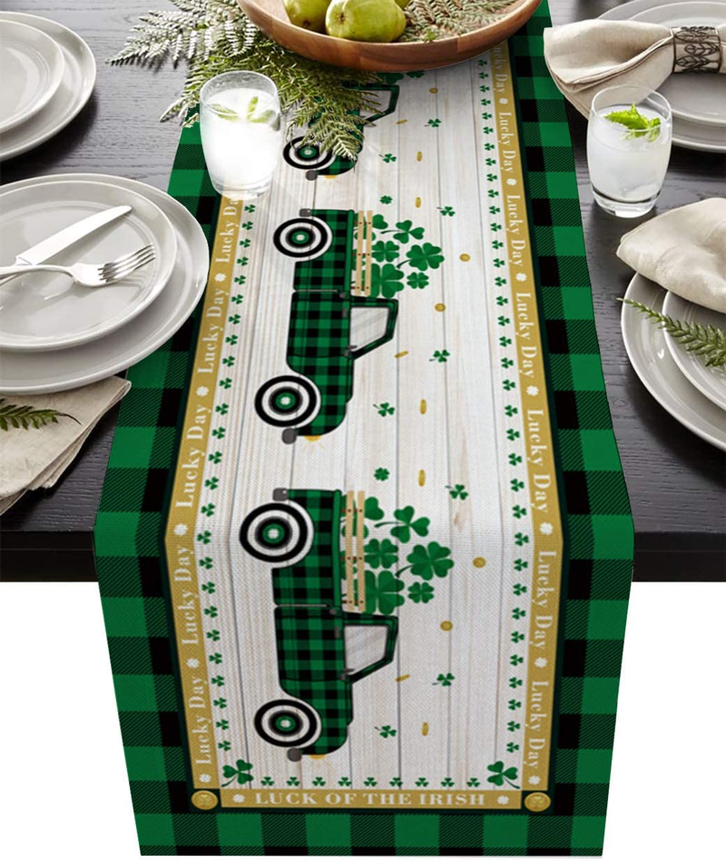 St. Patrick'S Day Gnome Truck 36 Inches Table Runners for Party, Shamrock Wood Buffalo Plaid Cotton Linen Tablecloth Runner, Farmhouse Style Table Setting Decor for Wedding Holiday Dining Home