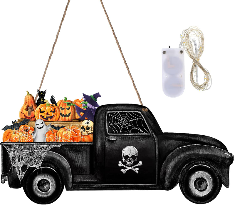Pinkunn Halloween Pumpkin Hanging Sign Wood Ghost Truck Hanging Sign Halloween Front Door Hanger Wooden Door Wall Sign with Lamp String Light and Rope, 13.4 x 7.7 Inch for Halloween DIY Craft Decor Arts & Entertainment > Party & Celebration > Party Supplies Pinkunn Default Title  