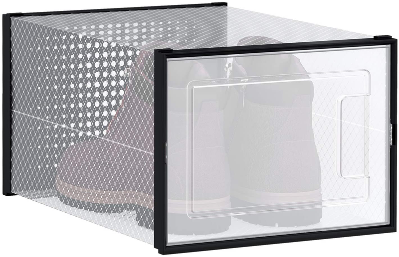 SONGMICS Shoe Boxes, Pack of 18 Clear Plastic Stackable Shoe Organizers, Fit up to US Size 9.5, Sneakers Boots Storage Containers, 9.8 X 13.8 X 7.3 Inches, Transparent and Black ULSP007B18 Furniture > Cabinets & Storage > Armoires & Wardrobes SONGMICS   