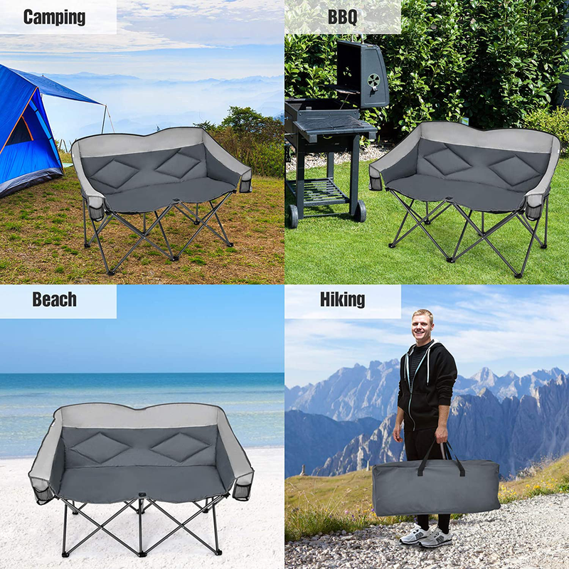 Goplus Loveseat Camping Chair, Double Folding Chair for Adults Couples W/Storage Bags & Padded High Backrest, Oversize Camp Seat for Fishing Picnic (Grey) Sporting Goods > Outdoor Recreation > Camping & Hiking > Camp Furniture Goplus Corp   