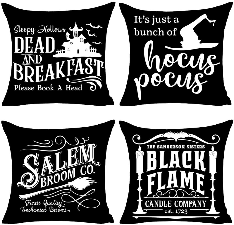 PSDWETS Fall Halloween Decor Throw Pillow Covers Set of 4 with Halloween Decorations Quotes Cotton Linen Home Pillow Covers 18 x 18 Inches for Rustic Modern Farmhouse