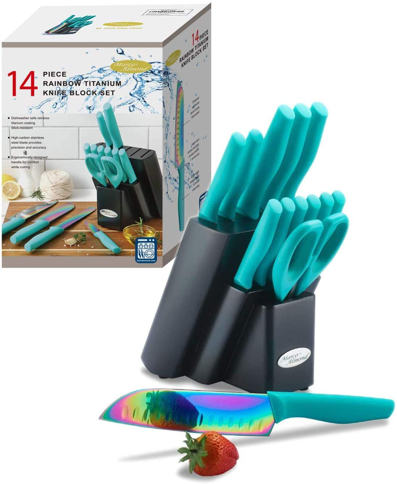DISHWASHER SAFE Rainbow Titanium Cutlery Knife Set, Marco Almond KYA27 Kitchen Knives Set with Wooden Block, Rainbow Titanium Coating,Chef Quality for Home & Pro Use, Best Gift,14 Piece, Teal Home & Garden > Kitchen & Dining > Kitchen Tools & Utensils > Kitchen Knives Marco Almond Rainbow Titanium Blade/Teal Handle  