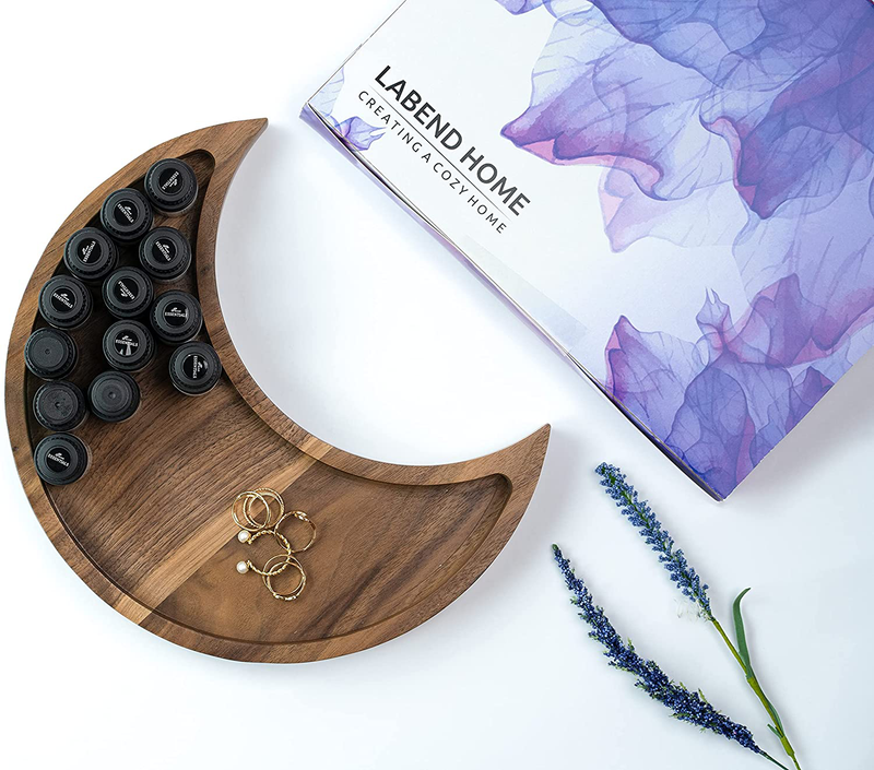 Moon Tray Crystal Holder and Display - Walnut Wood Crystal Tray for Stones, Healing Crystals and Gemstones Storage and Organizer Stand - Crescent Moon Bowl - Essential Oil Holder - Jewelry Dish Tray
