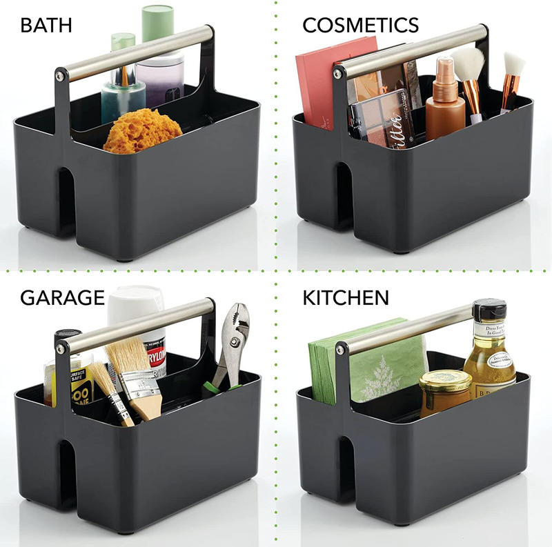 Mdesign Plastic Shower Caddy Storage Organizer Utility Tote, Divided Basket Bin - Metal Handle for Bathroom, Dorm, Kitchen, Holds Hand Soap, Shampoo, Conditioner - Aura Collection - Black/Brushed
