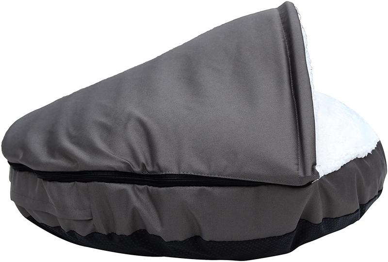 Long Rich Durable Oxford to Sherpa Pet Cave and round Pet Bed, 25", with Removable Top and Insert, by Happycare Textiles Animals & Pet Supplies > Pet Supplies > Dog Supplies > Dog Beds Happycare Textiles DARK GRAY  