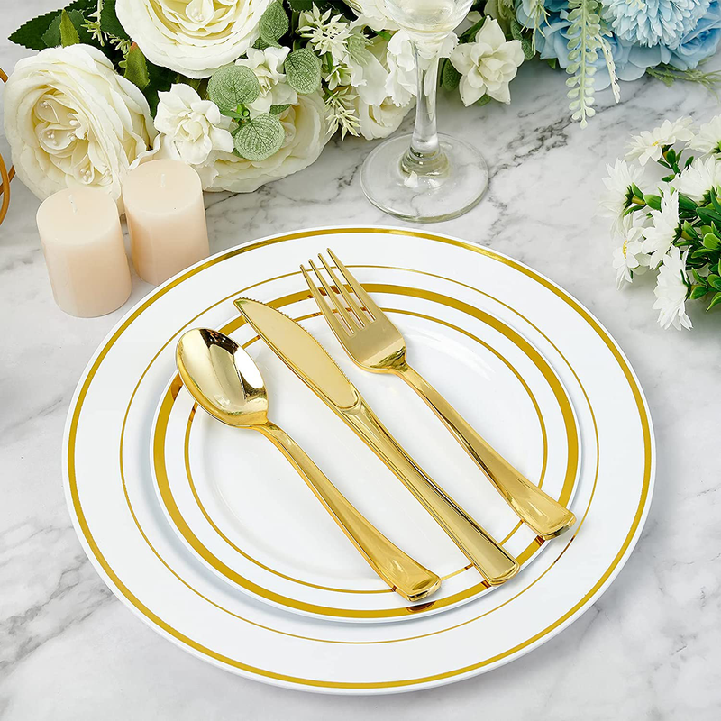 FOCUSLINE 160 Pack Gold Plastic Cutlery Set - 80 Forks, 40 Knives, 40 Spoons - Disposable Flatware Heavy Duty Plastic Silverware Set for Catering, Parties, Dinners, Weddings Home & Garden > Kitchen & Dining > Tableware > Flatware > Flatware Sets FOCUSLINE   