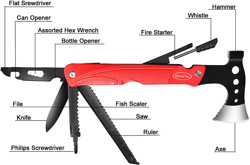 Rovertac Camping Hatchet Multitool Axe Survival Tool Christmas Gifts for Men 14 in 1 Multi Tool Axe Hammer Knife Saw Screwdrivers Bottle Opener Fire Starter Whistle for Camping Survival Hiking Fishing Sporting Goods > Outdoor Recreation > Camping & Hiking > Camping Tools RoverTac   