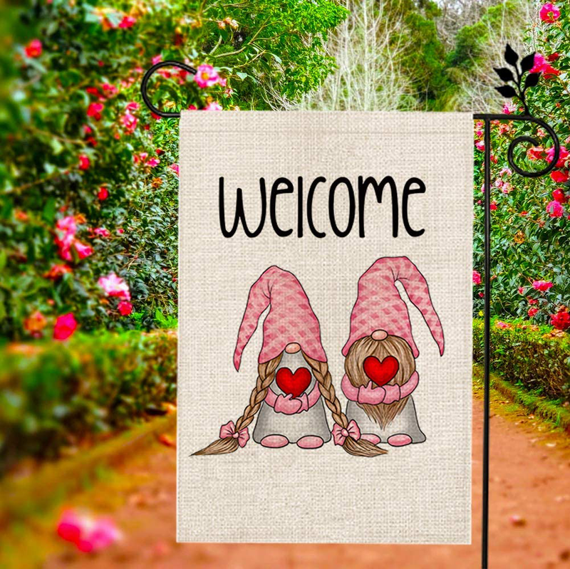 CROWNED BEAUTY Valentines Day Garden Flag 12×18 Inch Vertical Double Sided Valentine Gnome Welcome Flag for outside Yard Anniversary Wedding Farmhouse Décor CF015-12 Home & Garden > Decor > Seasonal & Holiday Decorations CROWNED BEAUTY   