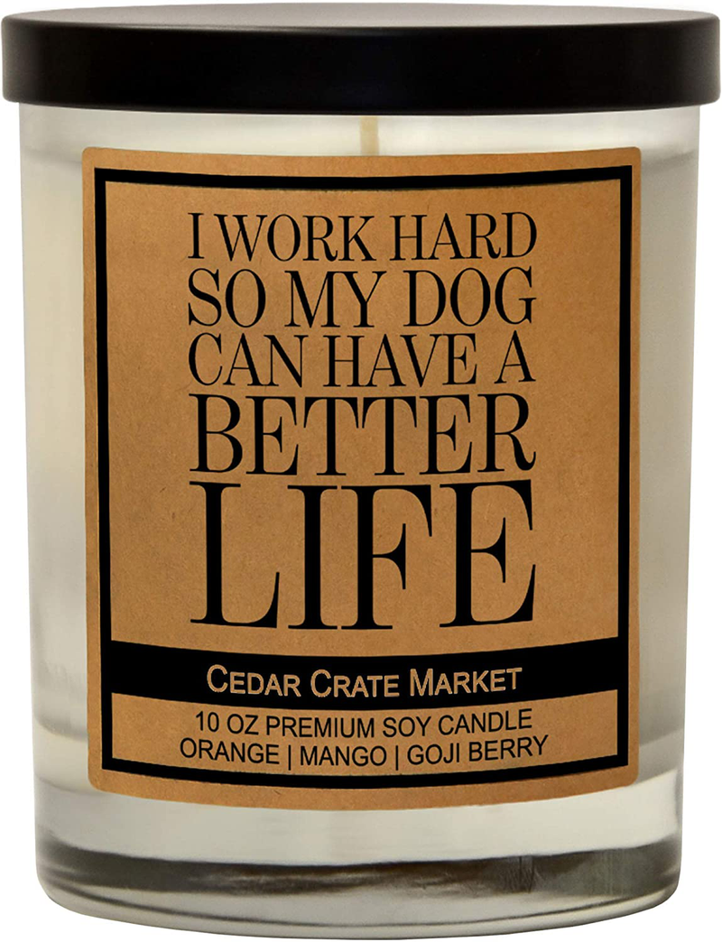 Funny Dog Candles Gifts for Women, Men, Dog Lovers, Pet Candle for Home, House, Dog Mom Gifts, Pet Mom, Fur Mamas, Dog Dads, Foster, Rescue, Adoption Pet Families (I'm Only Talking to My Dog Today) Home & Garden > Decor > Home Fragrances > Candles Cedar Crate Market I work Hard So My Dog Can Have a Better Life  