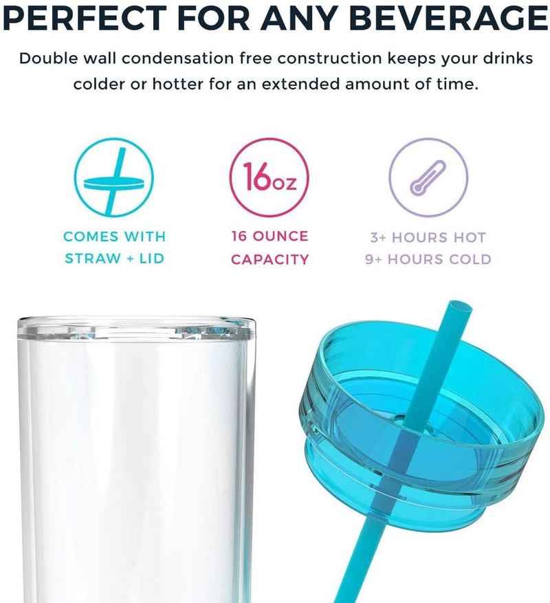 Maars Drinkware Double Wall Insulated Skinny Acrylic Tumblers with Straw and Lid, 16 oz. (4 pack, Clear) Home & Garden > Kitchen & Dining > Tableware > Drinkware Maars Drinkware   