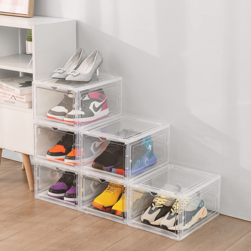 Large Sturdy Shoe Storage Boxes: Pack of 6 Stackable Clear Plastic Shoe Organizer Containers for Closet, Drop Front Shoe Bins for Display Sneakers, Fit Shoe Size up to US 12, DEZENE Furniture > Cabinets & Storage > Armoires & Wardrobes DEZENE   