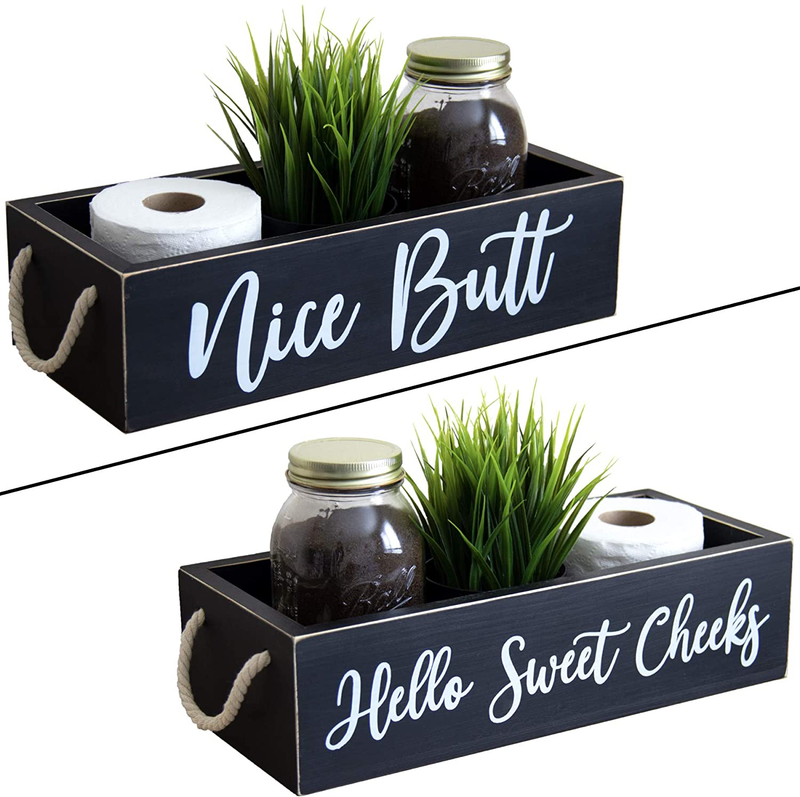 Nice Butt Bathroom Decor Box - Hello Sweet Cheeks Farmhouse Home Toilet Paper Holder - Wooden Rustic Black and White Storage Basket With Funny Phrases - Cute Organization Tray for Restroom Accessories Home & Garden > Decor > Seasonal & Holiday Decorations Beedecor Black  