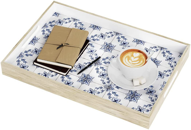 Snoodling Large Decorative Serving Tray with Cutout Handles for Ottoman, Kitchen, and Coffee Table, Lacquered Blue and White Portuguese Tile Design, 12 x 17 inch Home & Garden > Decor > Decorative Trays Snoodling Default Title  