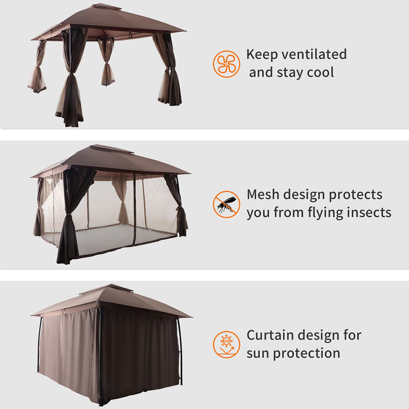 SUNSPEAR 11x13 Gazebo for Patios, Double Vent Outdoor Gazebo Canopy with Removable Privacy Curtain and Net, Patio Gazebo Tent with 140 Square Feet of Shade, Gazebo for Deck, Lawn and Garden (Brown) Home & Garden > Lawn & Garden > Outdoor Living > Outdoor Structures > Canopies & Gazebos SUNSPEAR   