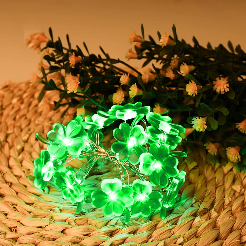 St. Patrick'S Day Lights Shamrock String Lights Battery Operated 10 Feet 40 Leds 8 Mode with Remote Lucky Clover Silver Wire Mini Fairy Lights for Bedroom Party Feast Green Day Decorations Arts & Entertainment > Party & Celebration > Party Supplies Yiaht   