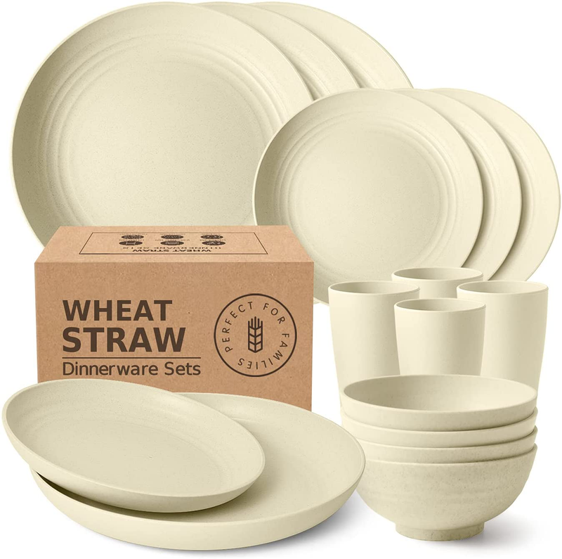 Teivio 24-Piece Kitchen Wheat Straw Dinnerware Set, Dinner Plates, Dessert Plate, Cereal Bowls, Cups, Unbreakable Plastic Outdoor Camping Dishes (Service for 6 (24 piece), Multicolor) Home & Garden > Kitchen & Dining > Tableware > Dinnerware Teivio Beige Service for 4 (16 piece) 