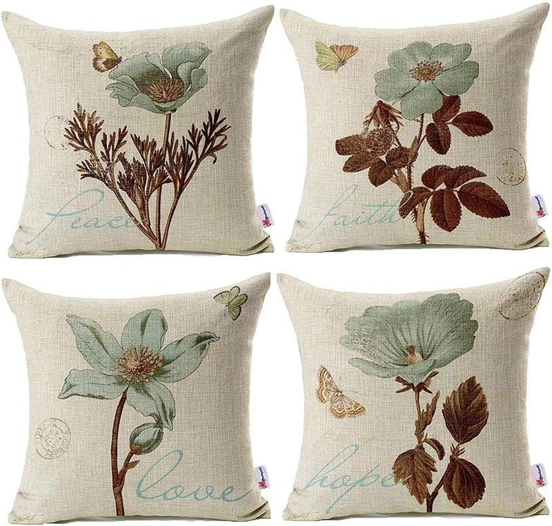 Monkeysell Pack of 4 Throw Pillow Covers 18 X 18, Decorative Floral Linen Pillow Cover for Living Room Bedroom, Couch Sofa Chair Bed Pillow Covers Home Outdoor, Set of 4 Pillowcases Only Home & Garden > Decor > Chair & Sofa Cushions Monkeysell 18 x 18-Inch  
