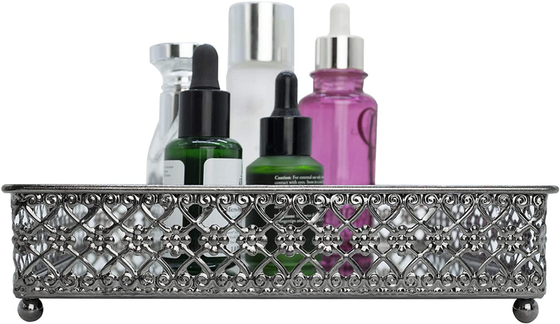 Mirrored Tray, Perfume Tray, Square Metal Ornate Tray, Vanity Jewelry Tray, Serving Tray, Decorative Tray (Set of 1, 8.25", Metal Gun)