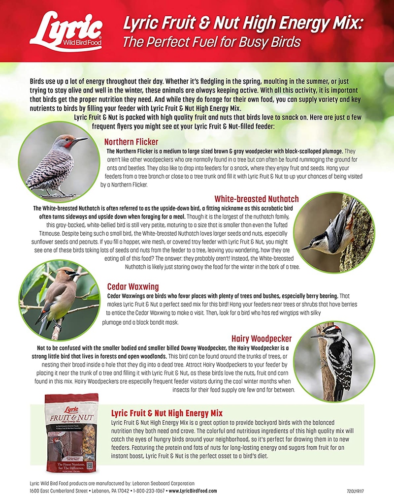 Lyric 2647417 Fruit & Nut High Energy Wild Bird Food, 20 lb Animals & Pet Supplies > Pet Supplies > Bird Supplies > Bird Food Lyric   
