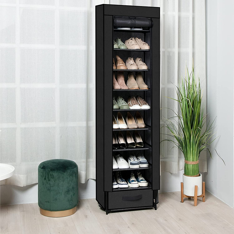Shoes Rack,10 Tier Tall Shoe Rack - Narrow Shoe Rack with Storage Box,Fabric Covered Shoe Rack,Metal Shoe Rack Organizer,Shoe Racks for Closets,Stackable Shoe Rack,Shoe Stand,Shoe Shelf Storage(Black) Furniture > Cabinets & Storage > Armoires & Wardrobes OYREL   