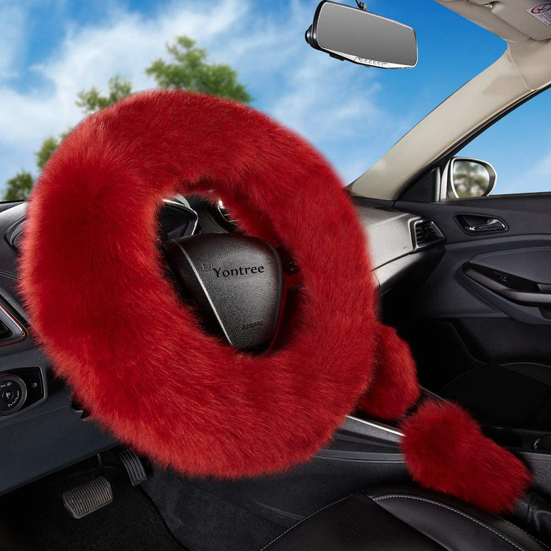 Yontree Fashion Fluffy Steering Wheel Covers for Women/Girls/Ladies Australia Pure Wool 15 Inch 1 Set 3 Pcs (Black) Vehicles & Parts > Vehicle Parts & Accessories > Vehicle Maintenance, Care & Decor > Vehicle Decor > Vehicle Steering Wheel Covers Yontree Wine Long Hair 
