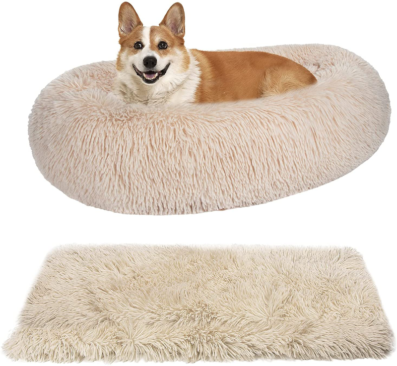 JATEN Calming Dog Beds Donut Cuddler with Blanket, Pet Beds for Small Medium Large Dogs and Cats, Indoor Faux Fur Dog Beds