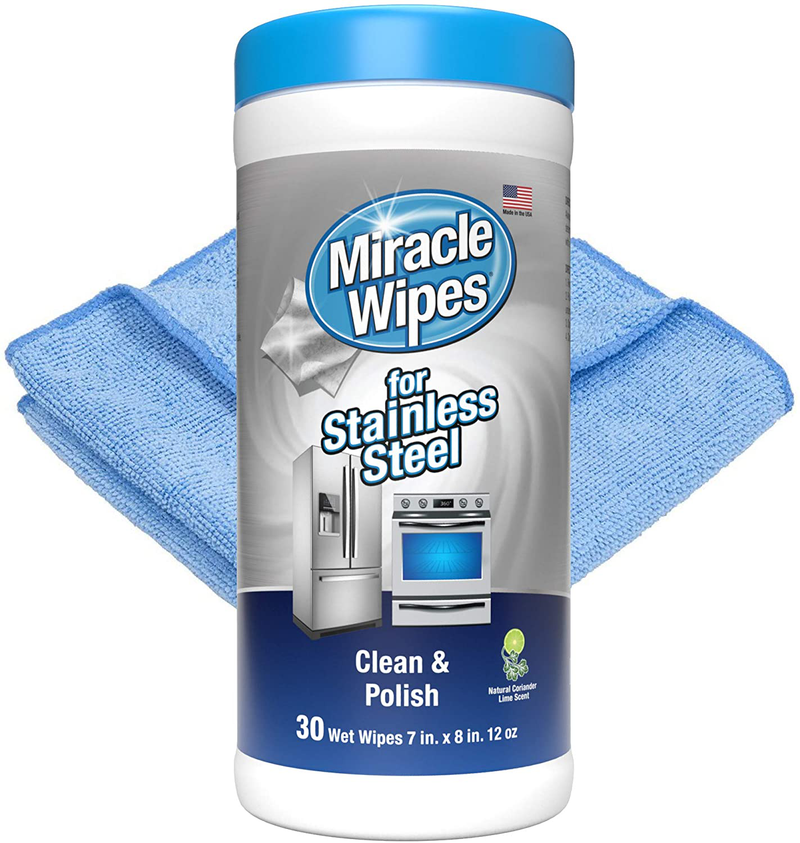 MiracleWipes, Stainless Steel Wipes, Cleaner Wipes for Kitchen and Home Appliances, Including Oven, Refrigerator, Dishwasher, Microwave, Sink, Hood, and Grill, Removes Fingerprints and Smudges, Includes Microfiber Cloth - 30 Count