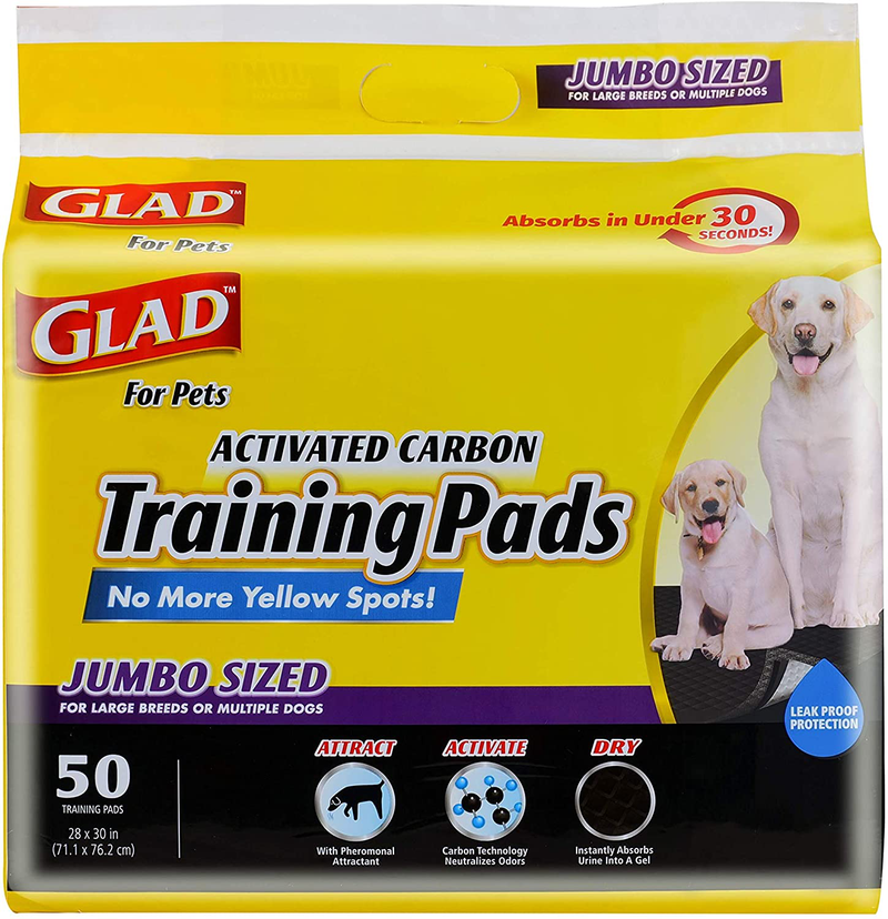 Glad for Pets Black Charcoal Puppy Pads-New & Improved Puppy Potty Training Pads That ABSORB & NEUTRALIZE Urine Instantly-Training Pads for Dogs, Dog Pee Pads, Pee Pads for Dogs, Dog Crate Pads Animals & Pet Supplies > Pet Supplies > Dog Supplies > Dog Diaper Pads & Liners Fetch for Pets Jumbo 50 Count (Pack of 1) 